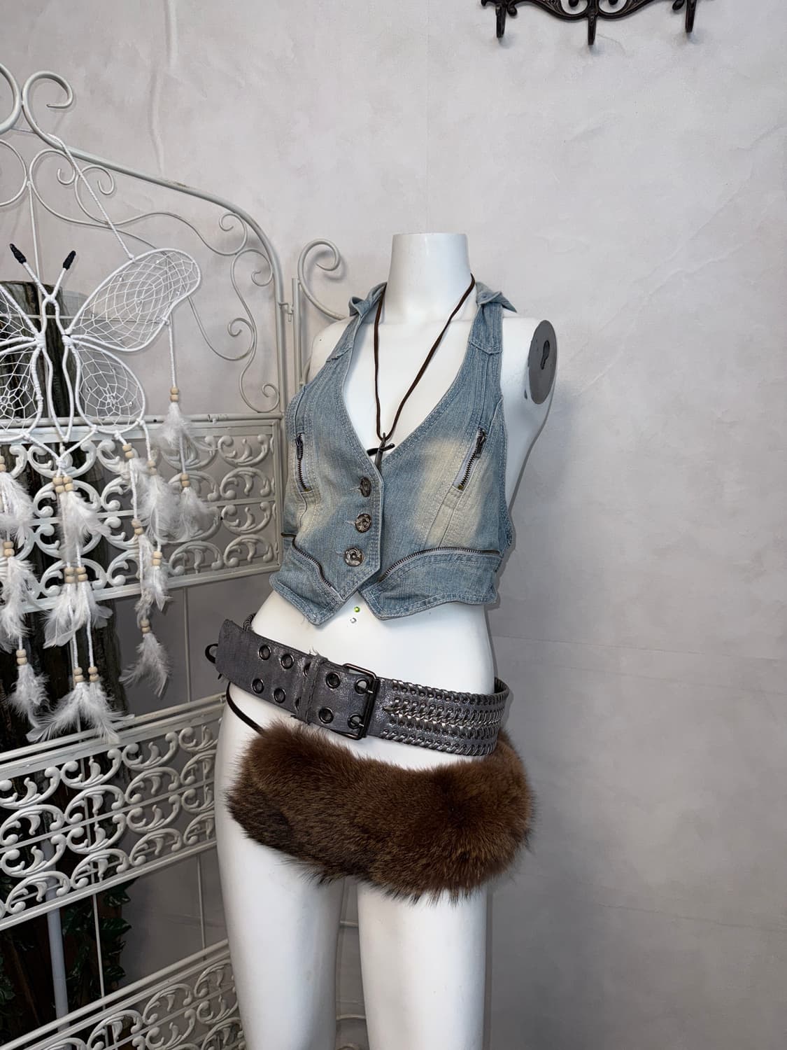 Washing denim crop hood button vest 상품이미지2