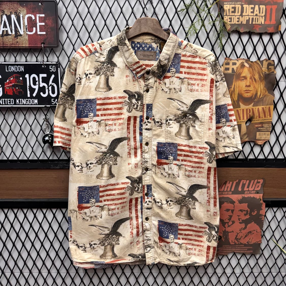 00s USA VINTAGE 반팔 셔츠 전후면 성조기 프린팅 아이보리 상품이미지1