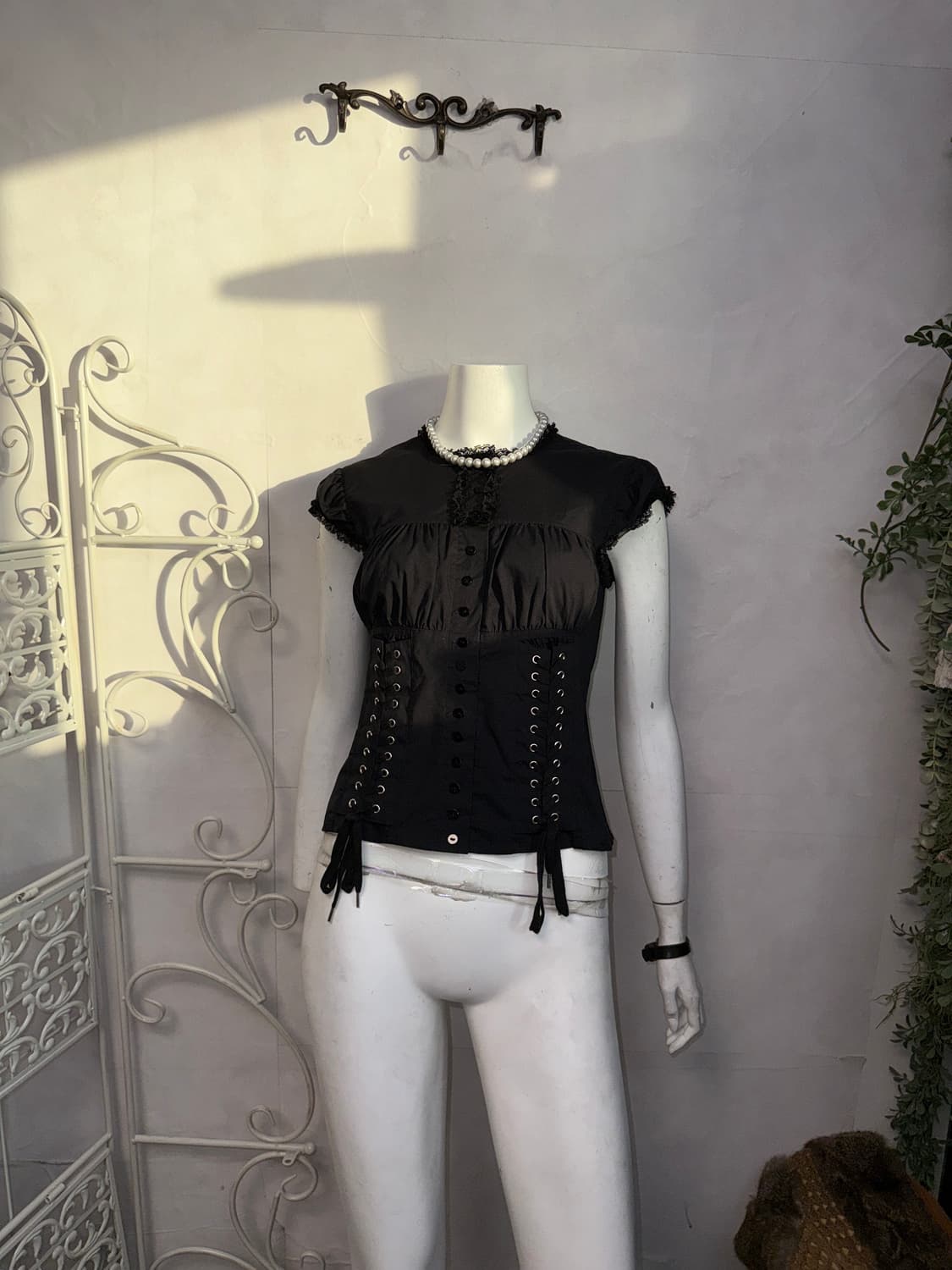 Black shirring corset laceup button bl 상품이미지5