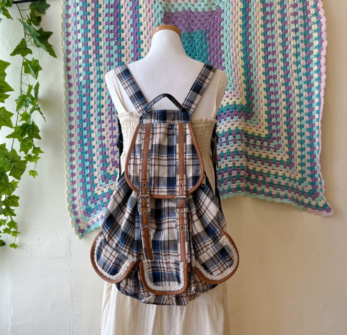 빈티지 모리걸 체크 가죽 백팩 상품이미지1