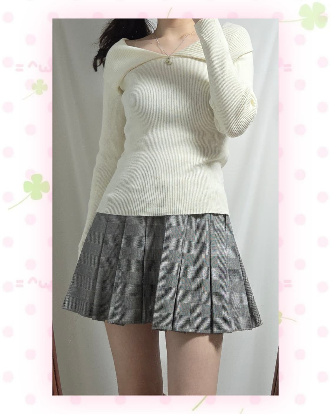 OZUL BY MOUSSY 아이보리 카라 오프숄더, 체크 플리츠 스커트 상품이미지1