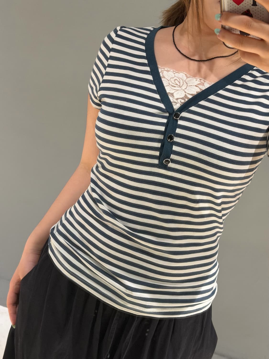 lace layered button-up stripe top 상품이미지3