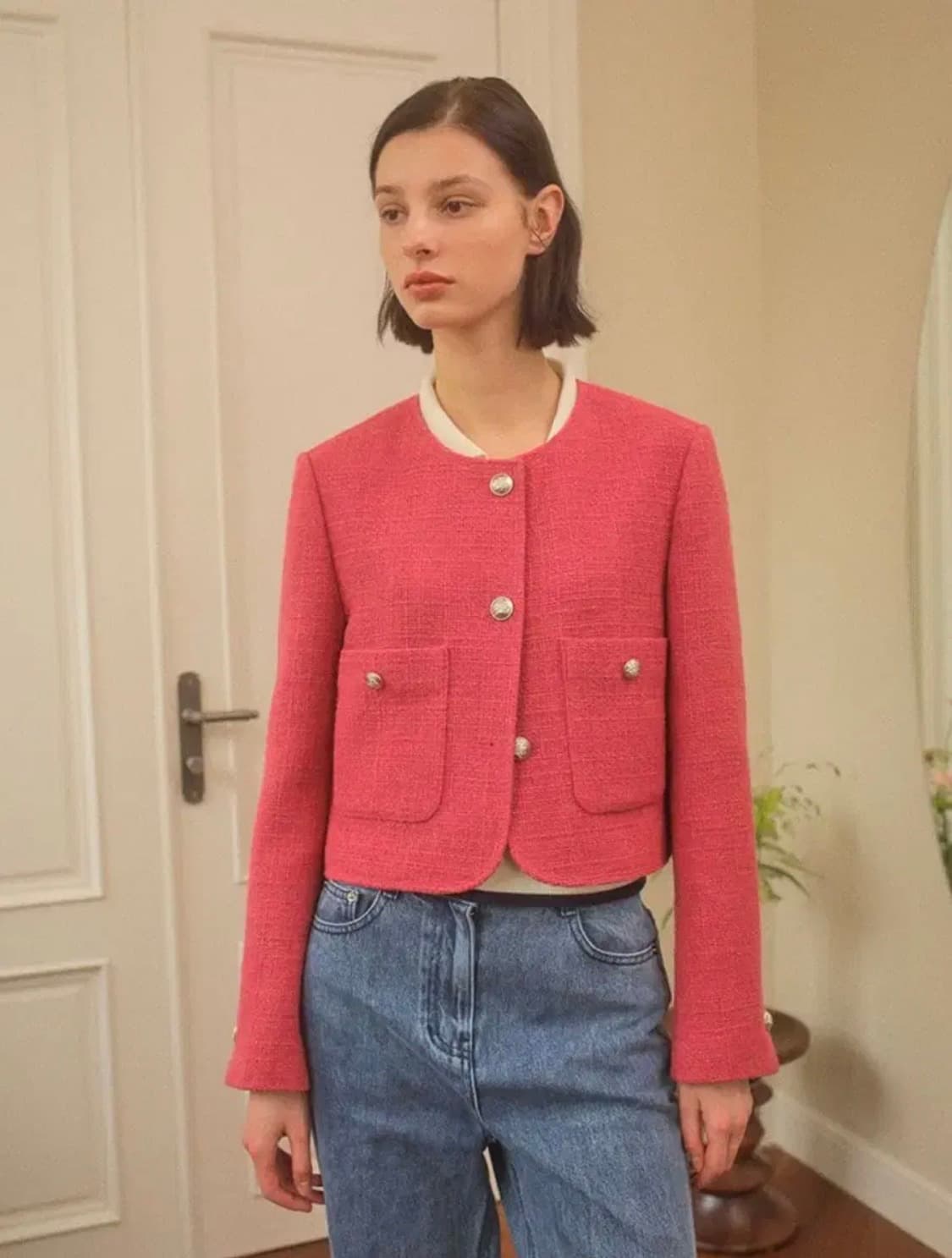 토모토모 유인 온앤온 노카라 라운드 트위드 자켓 핑크 상품이미지4