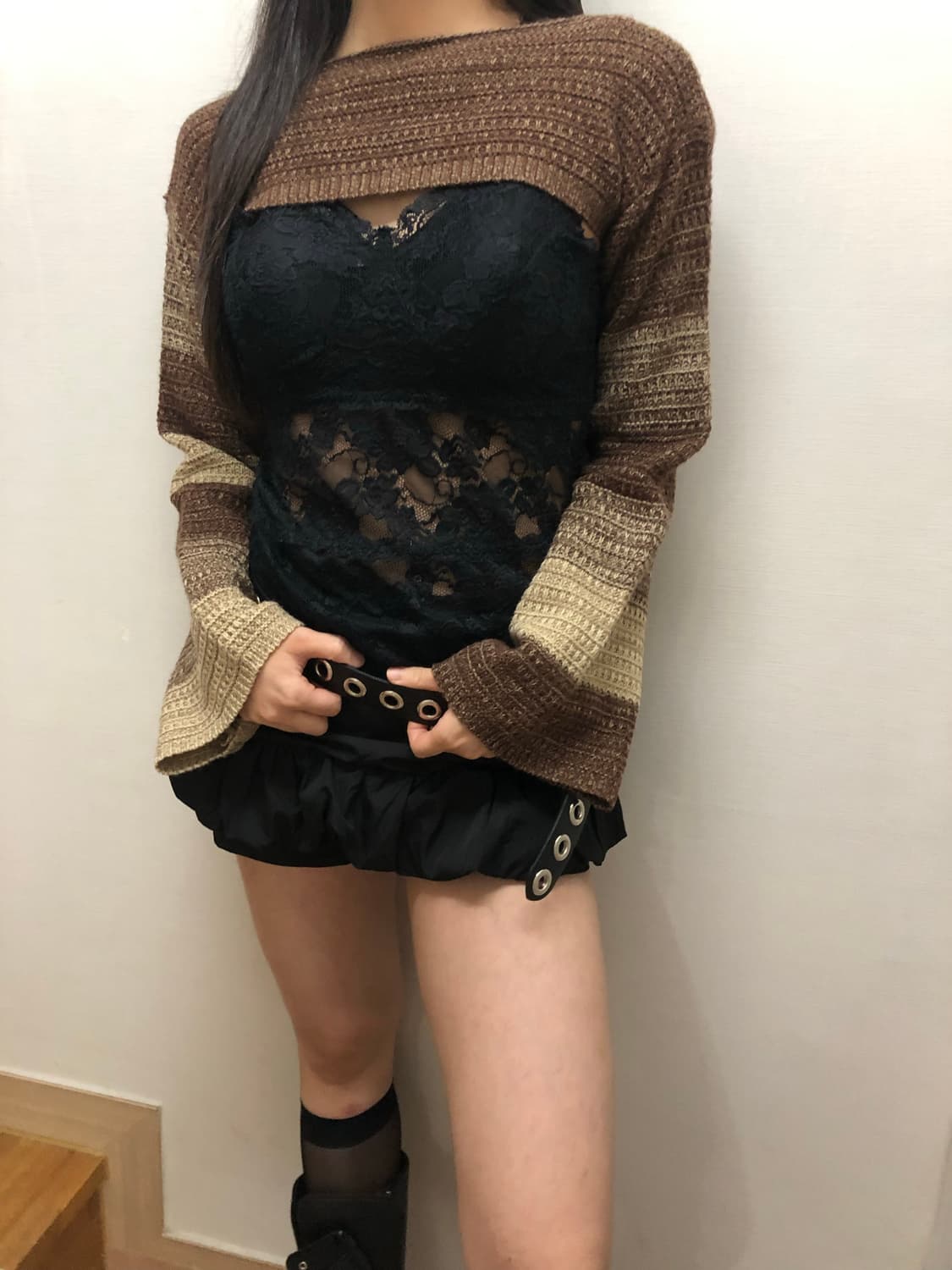 빈티지 브라운 스트라이프 크롭 니트 상품이미지6