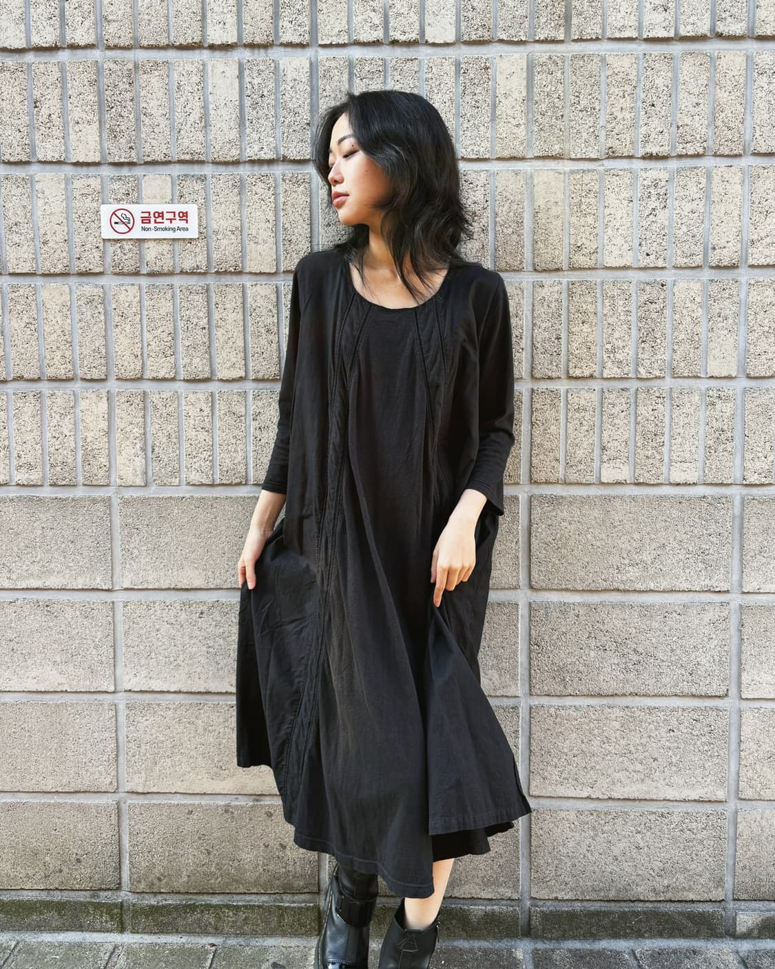 캐피탈 올 블랙 코튼 롱 원피스 상품이미지5
