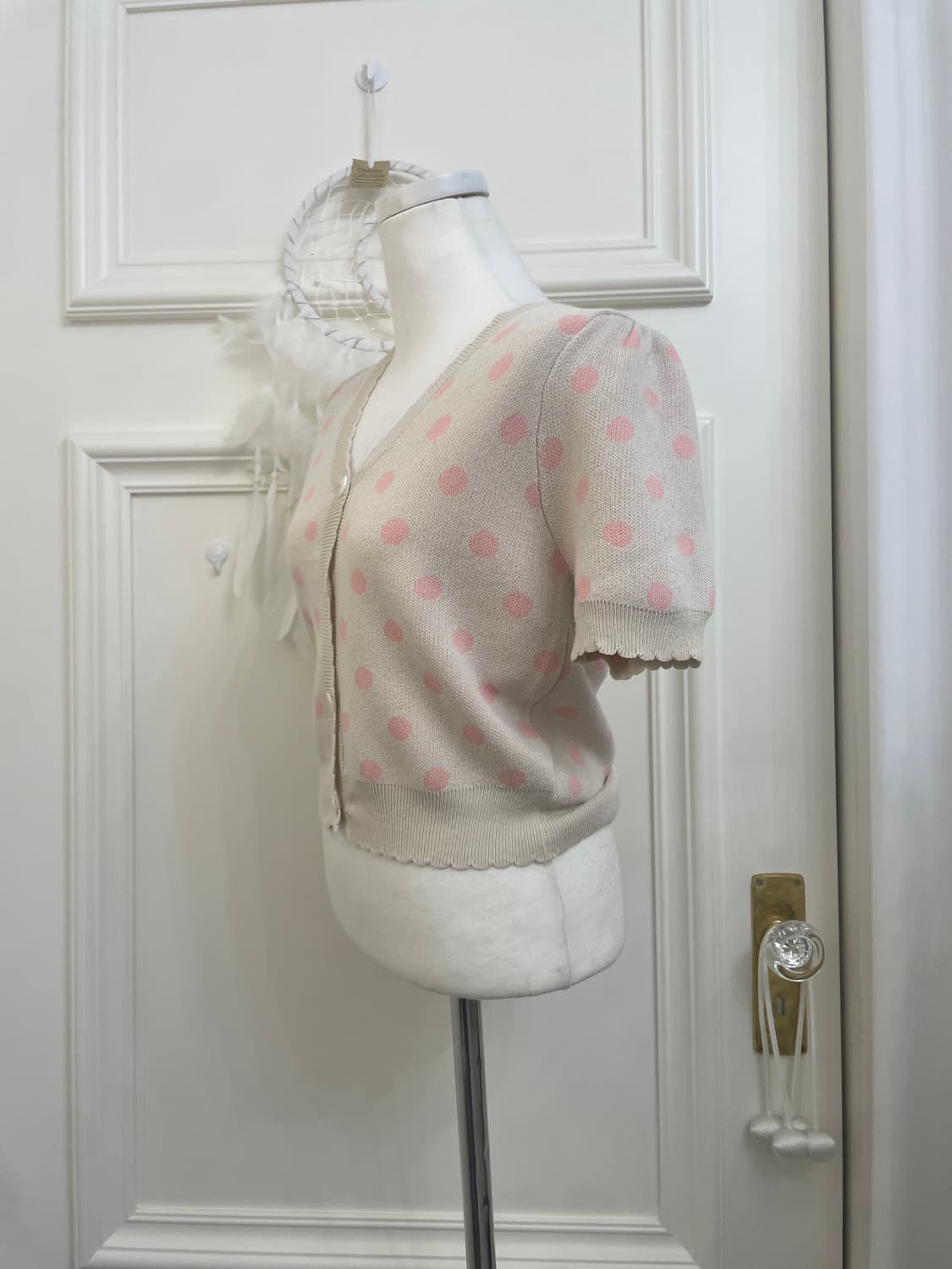 cream beige pink dot puff crop cardigan 상품이미지2