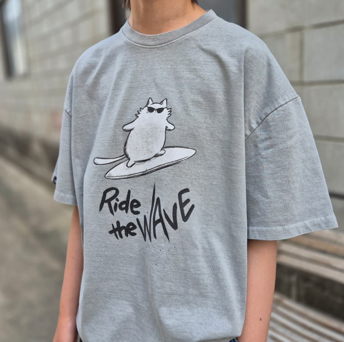 피그먼트워싱 서핑캣 그래픽 티셔츠 국내제작 상품이미지2