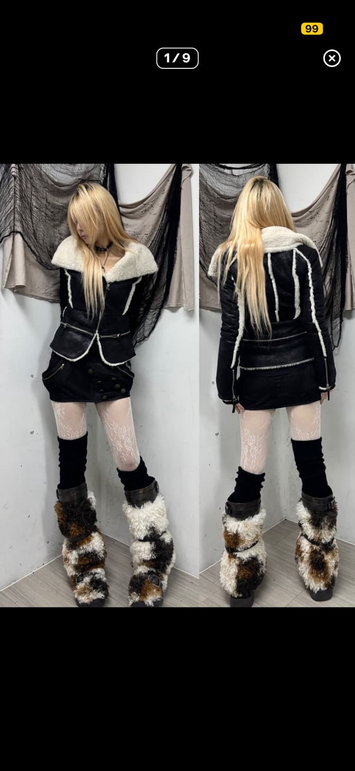 블랙 무스탕 자켓 숏 퍼트리밍 큐빈티지 아케호무 샵502 갸루 펑크 상품이미지2