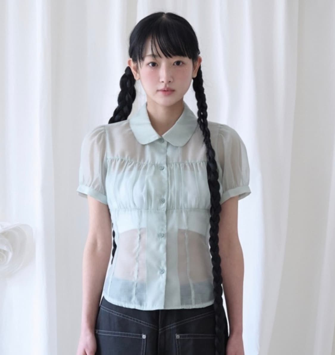 SHIRRING SHEER BLOUSE PISTACHIO 상품이미지1