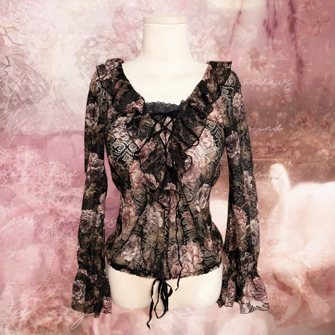 일본빈티지 LEST ROSE 레스트로즈 장미 셔링 펀칭 레이스 블라우스 상품이미지1