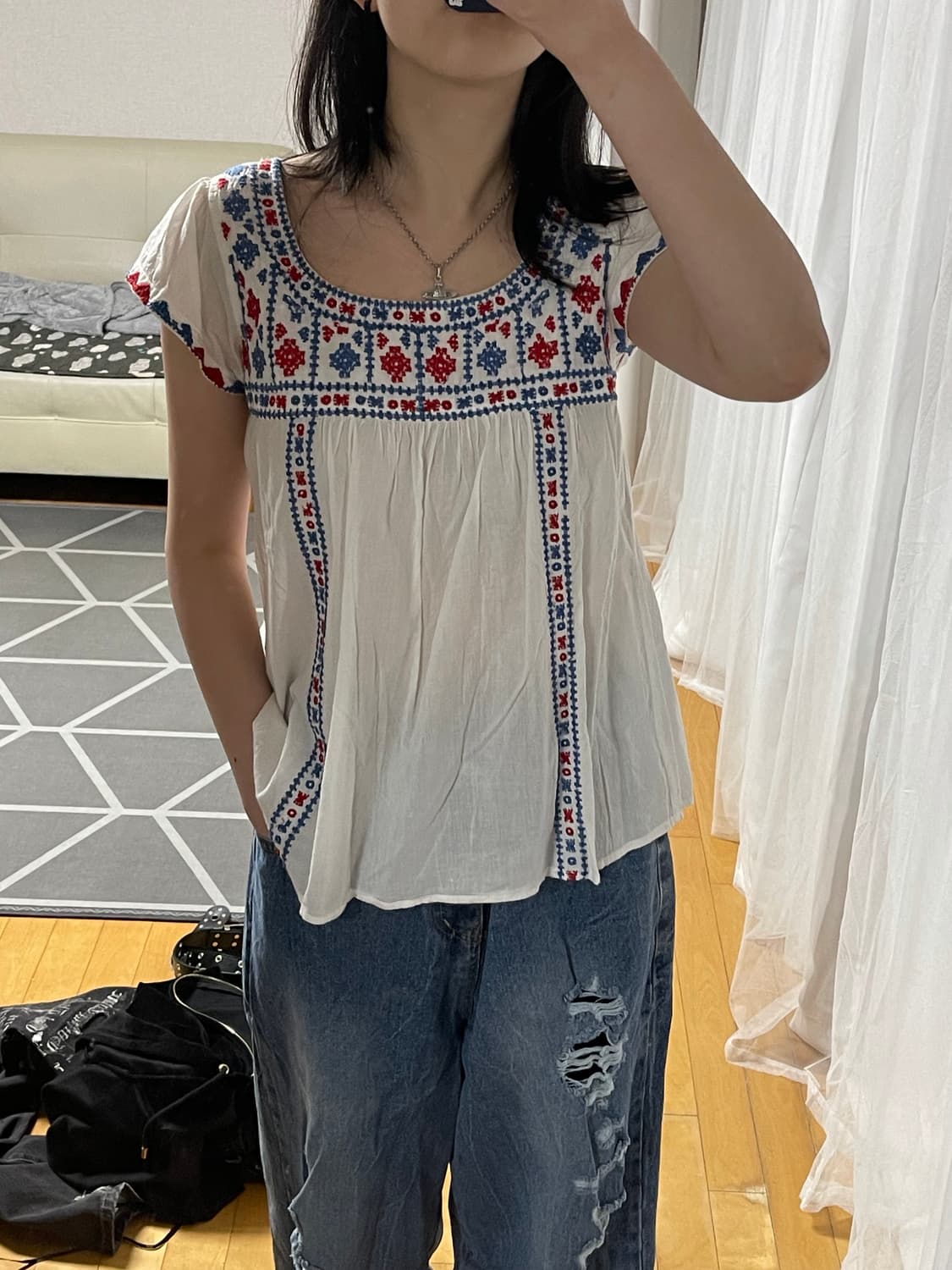 빈티지 모리 하구미 여름 청량룩 자수 반팔 청바지 세트 상품이미지1