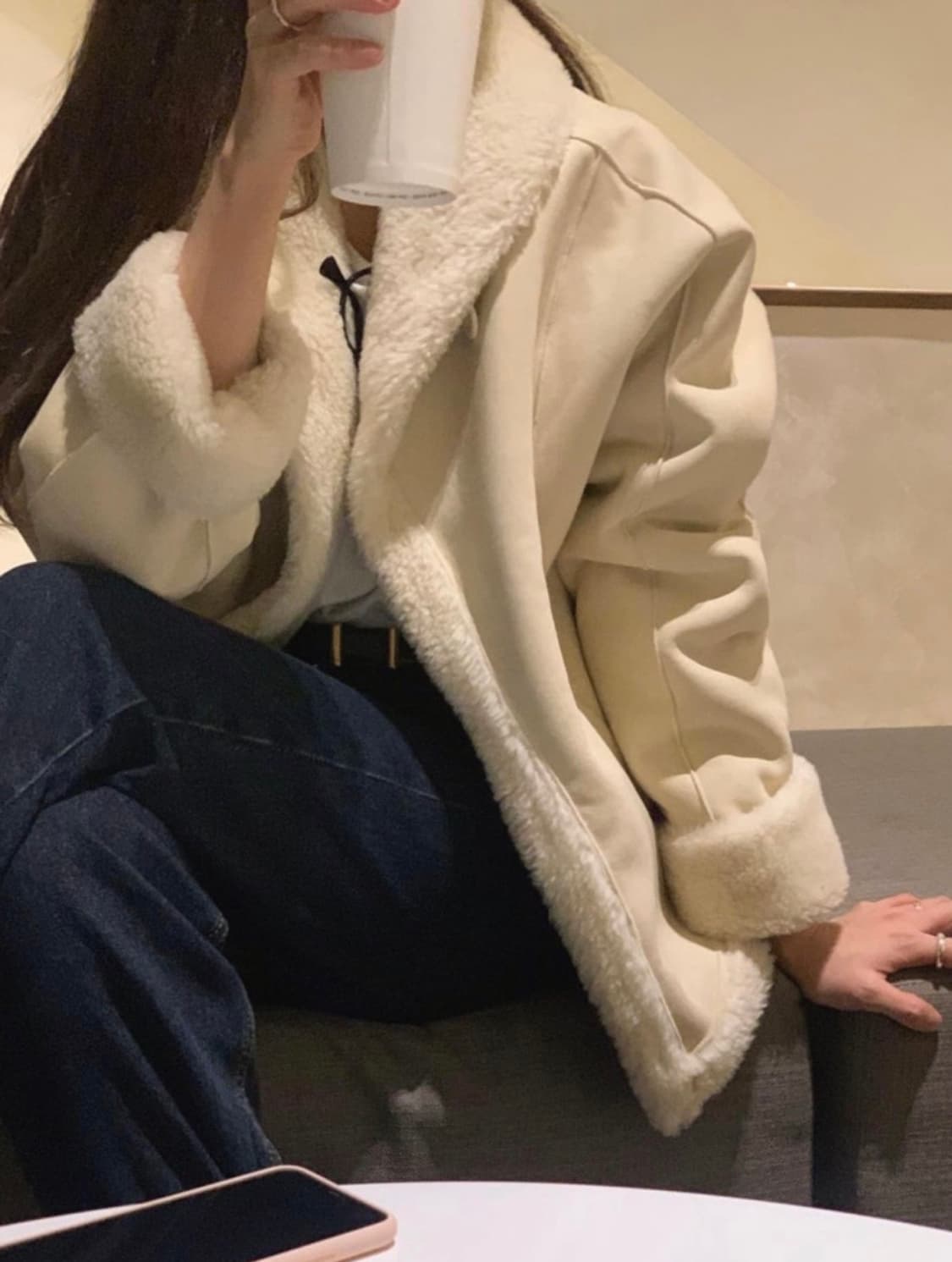 objet 오브제 아이리스 숄 스웨이드 무스탕 아이보리 상품이미지3