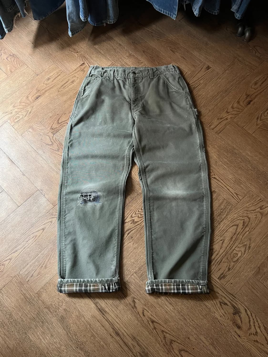 [34]칼하트 USA 체크라이닝 데미지드 모스그린 싱글니 카펜터 워크팬츠 상품이미지1