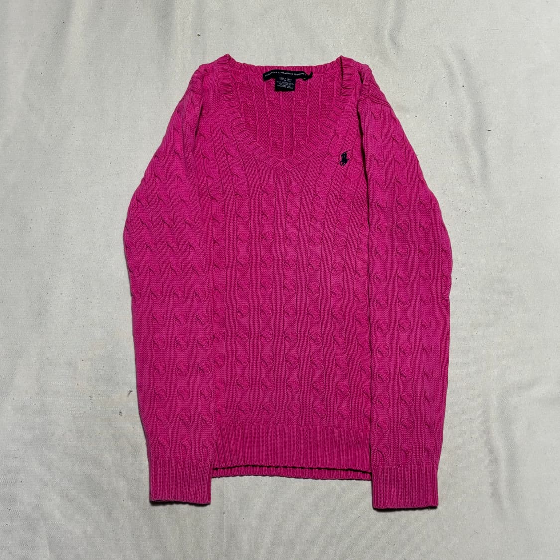 M 폴로랄프로렌 여성용 핑크 브이넥 케이블 니트 상품이미지2