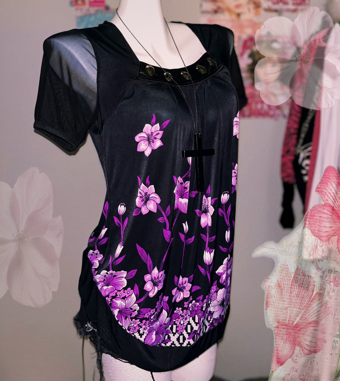 오리엔탈 오네갸루 플라워 패턴 반팔탑 상품이미지3