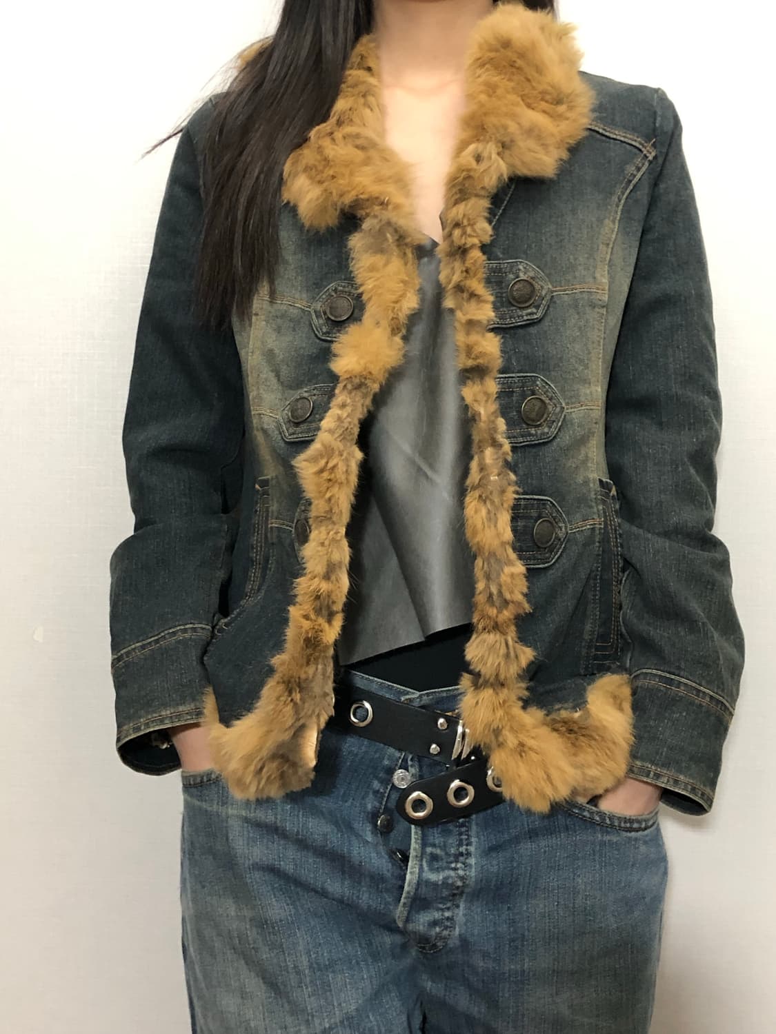 빈티지 브라운 래빗 퍼 데님 자켓 상품이미지3