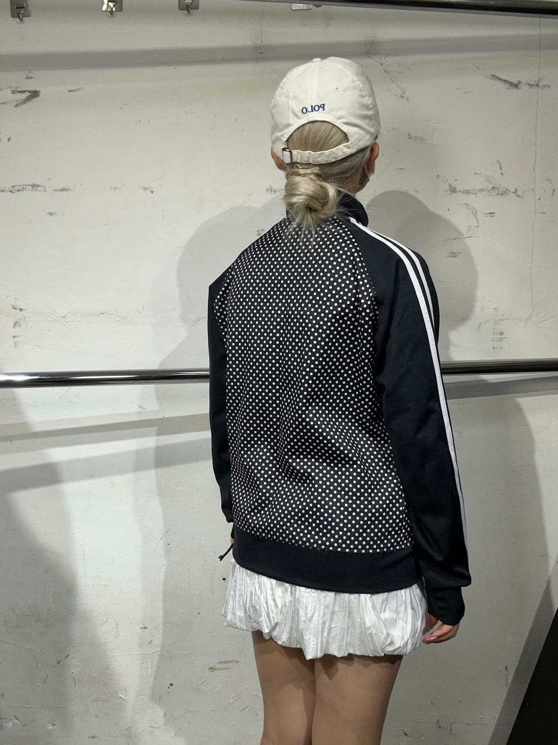 일본 빈티지 블랙 와투케 땡땡이 화이트 사이드 라인 키치 트랙탑 져지 L 상품이미지3