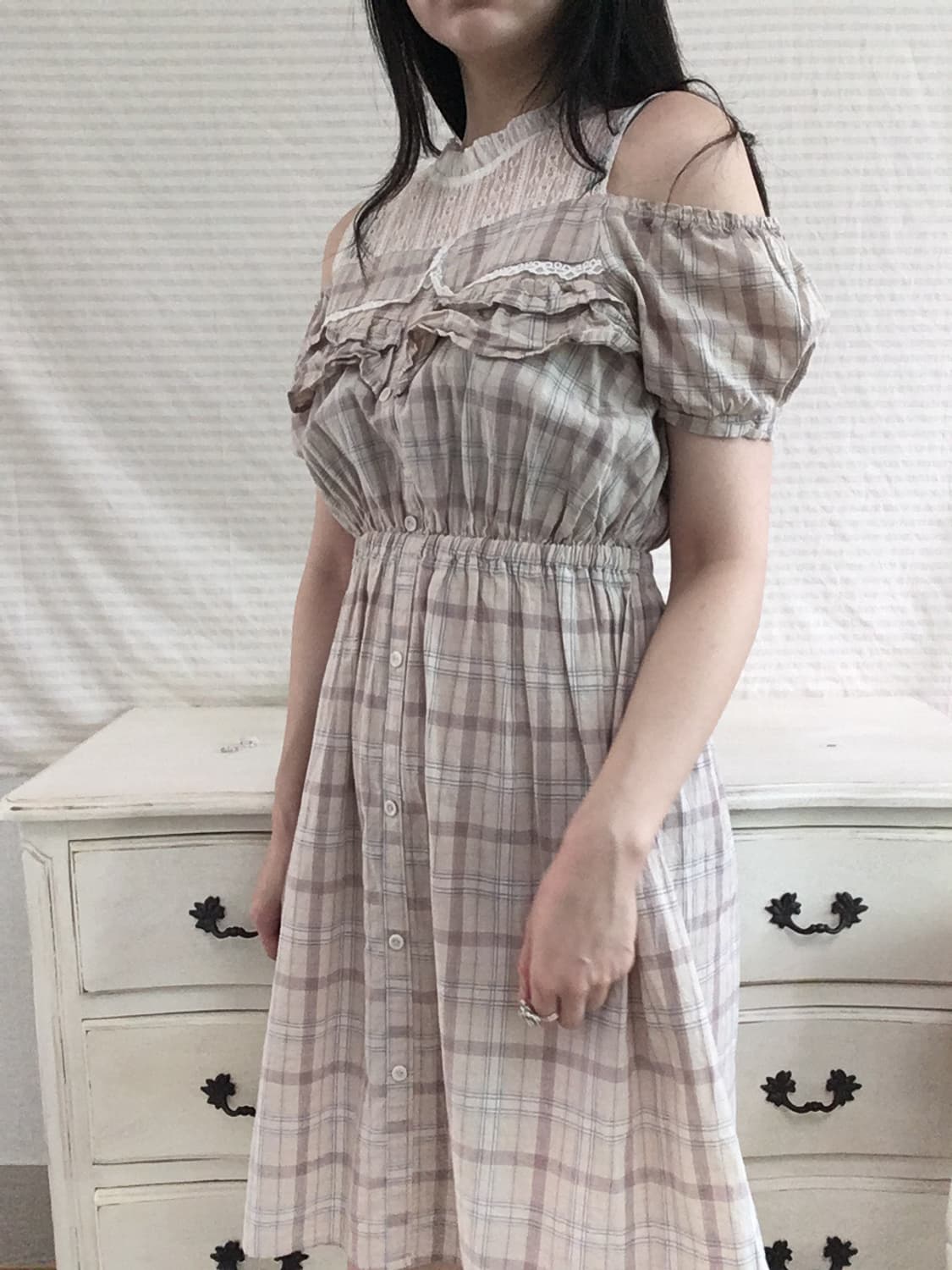 jpn vintage beige check lace one-piece 상품이미지1