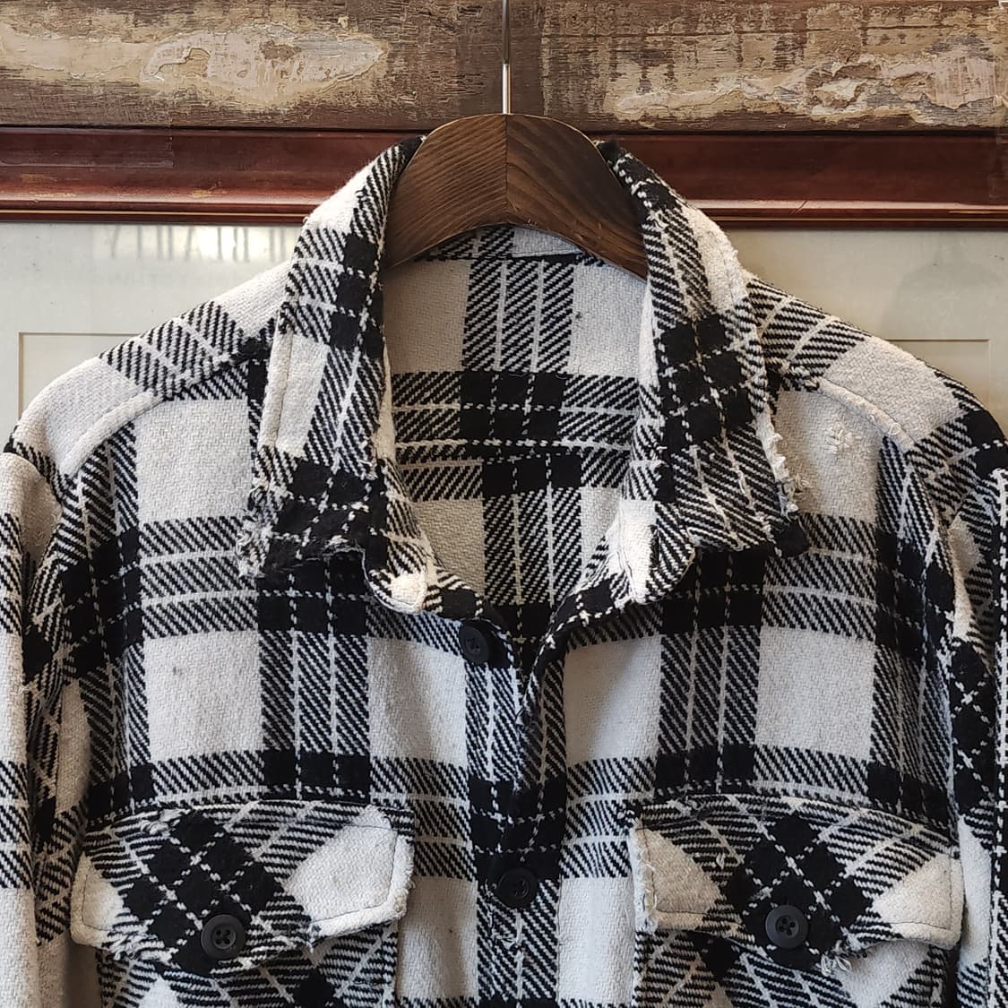 90s 빈티지 체크셔츠 헤비 플란넬 워크셔츠 데미지 블랙앤화이트 xl 상품이미지3