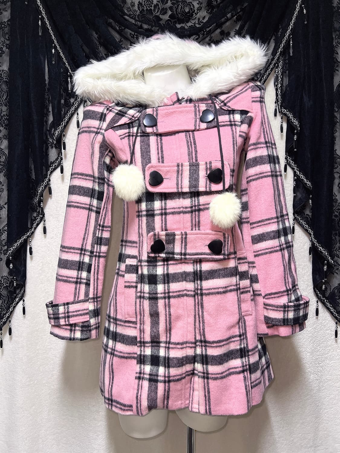 트랄라라 리즈리사 핑크 체크 퍼후드 폼폼 떡볶이코트 로맨틱갸루 로걀 핀터 상품이미지4