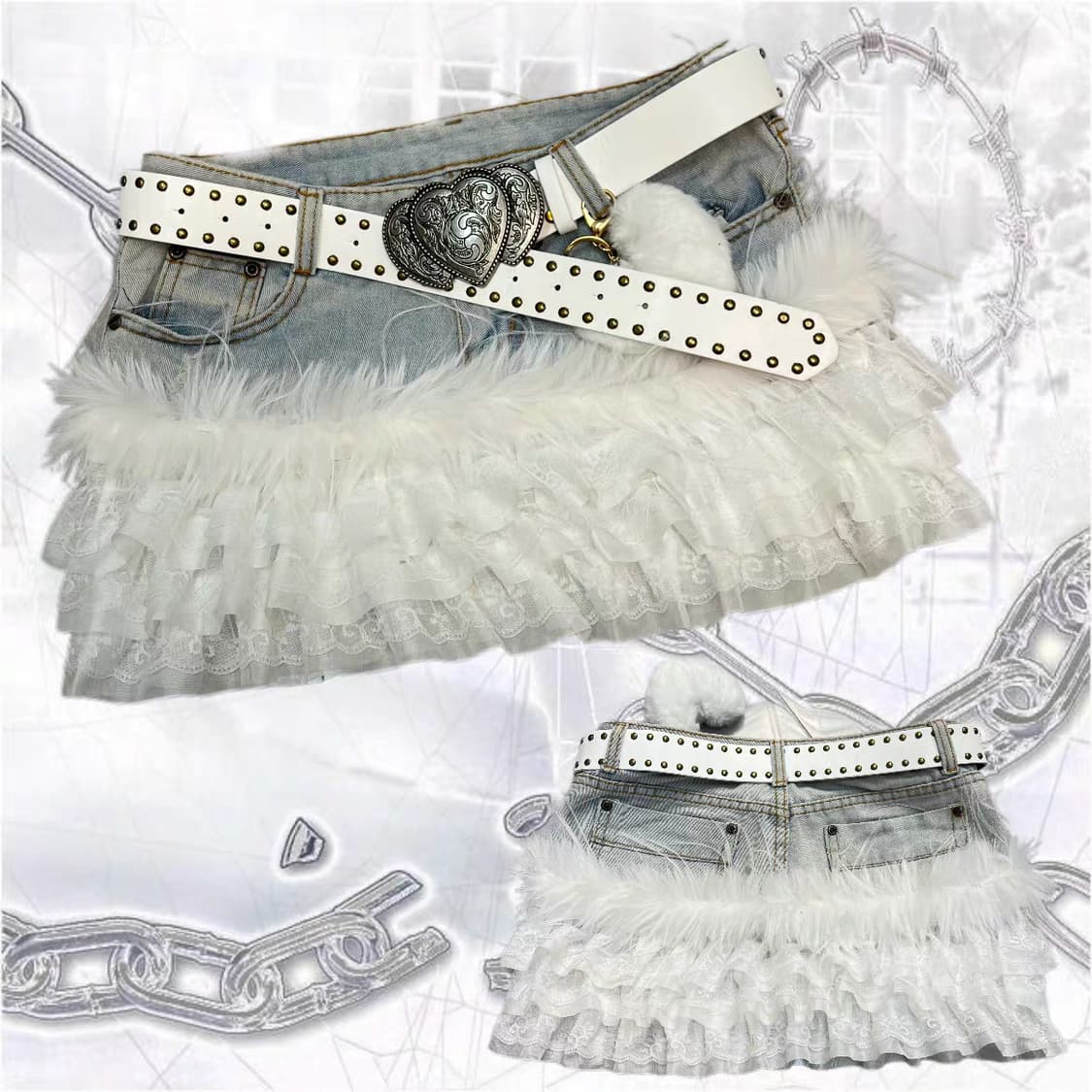 새상품) y2k 일본 갸루걸 레이스 퍼 데님 스커트 세트 상품이미지1
