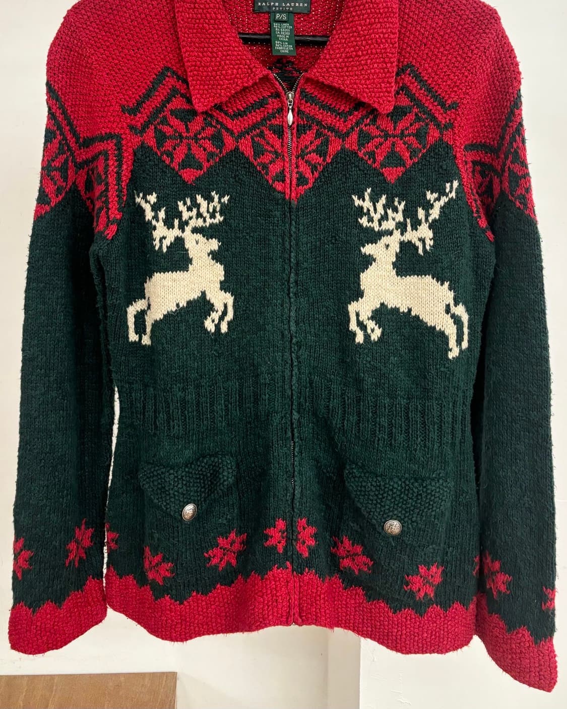 로렌 랄프로렌 레드 그린 핸드 니트 집업 상품이미지5