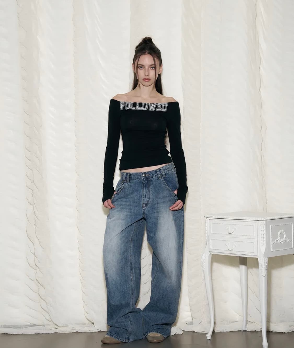 플리즈노팔로우 25Damaged Washing Wide Denim 상품이미지1