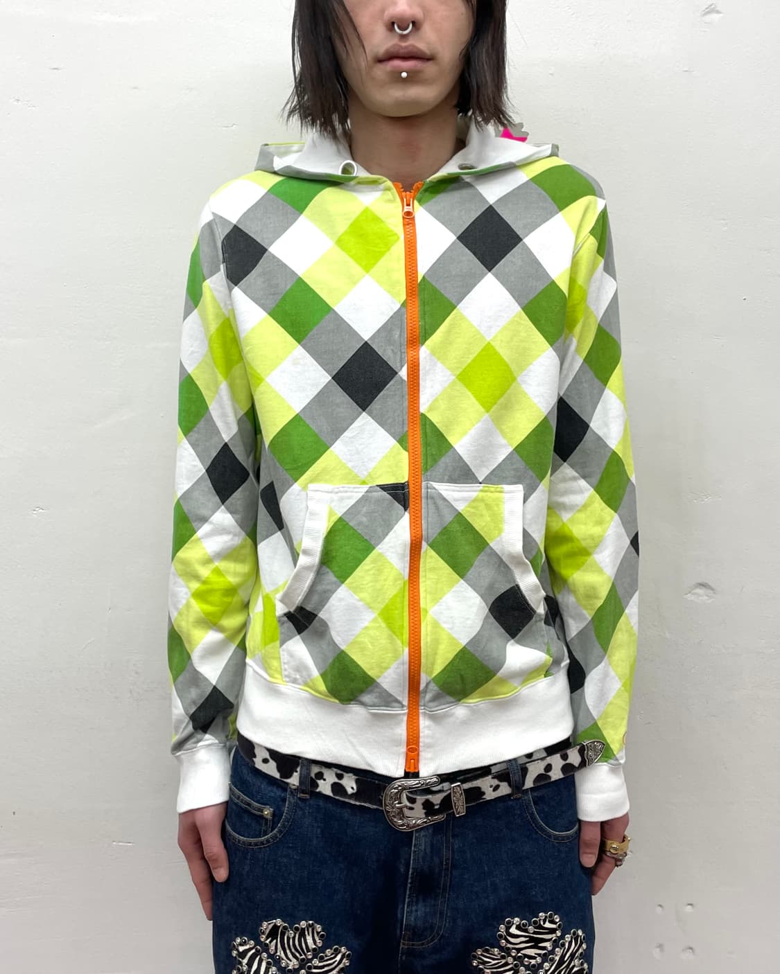 Green Checkered Orange Hooded Zip-Up  상품이미지1