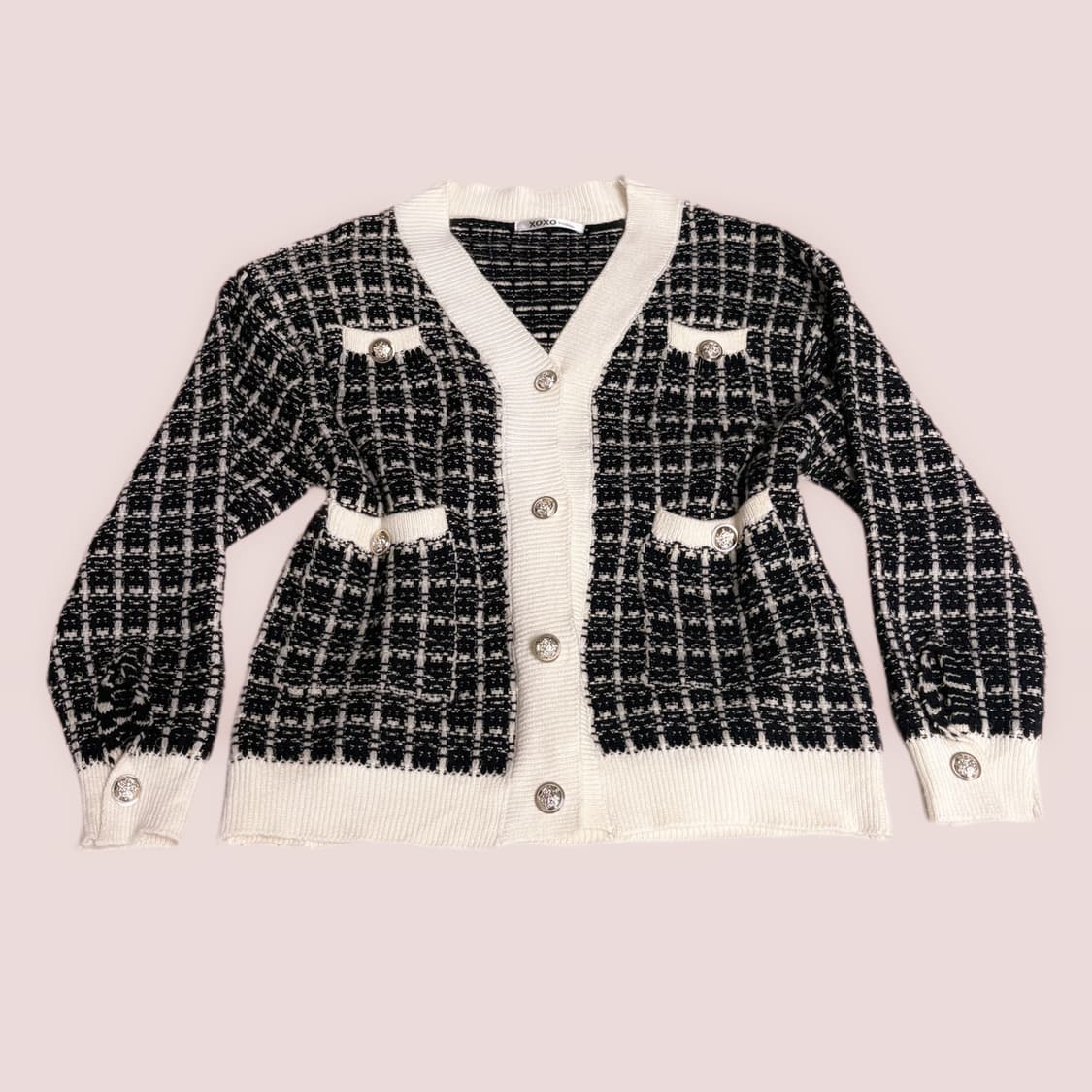 Xoxo 일본 오네갸루 은장 단추 트위드 블랙 앤 화이트 가디건  상품이미지1