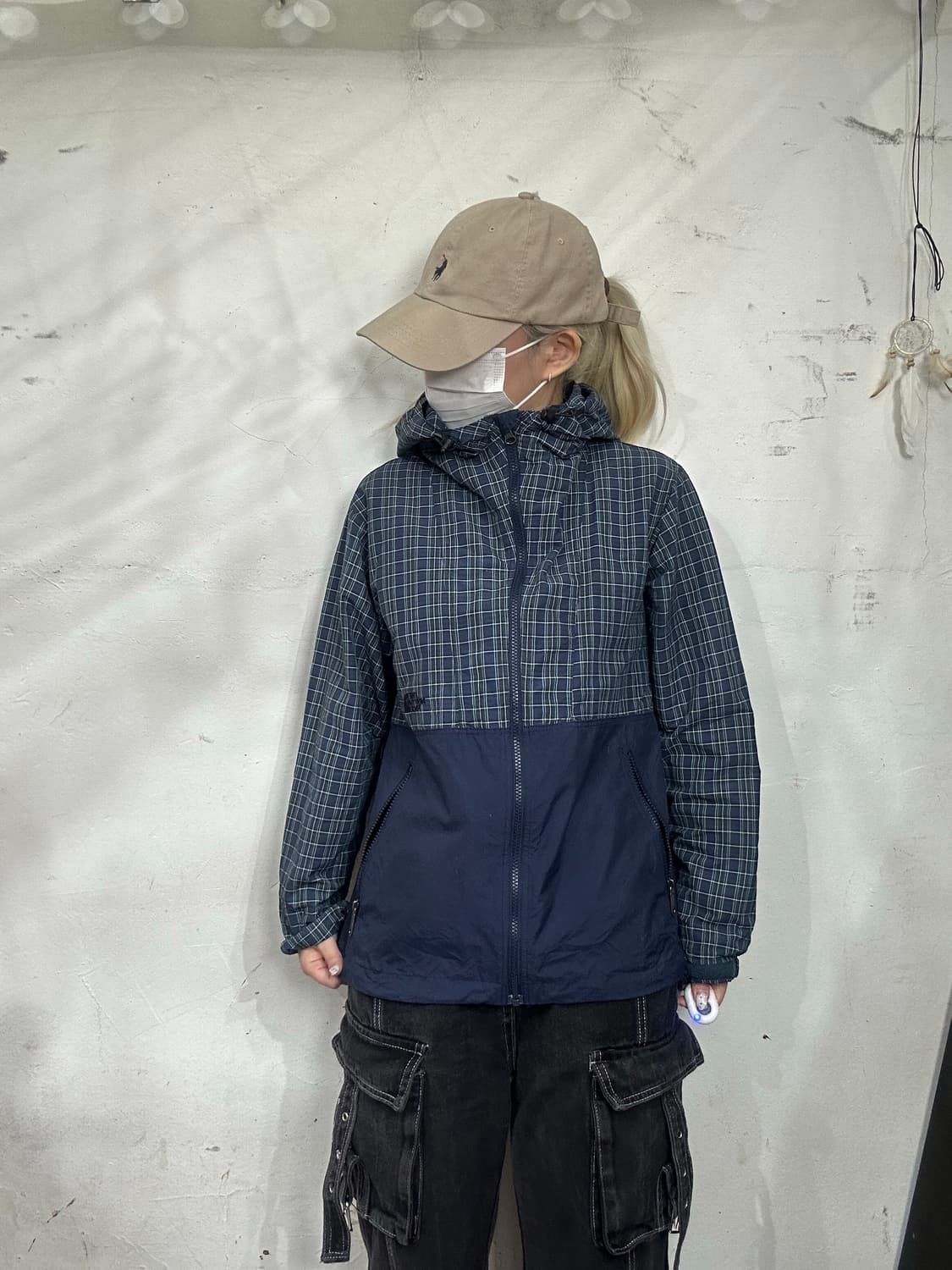 노스페이스 일본판 네이비 체크 후드 바람막이 올드스쿨 오버핏 트랙 자켓  상품이미지2