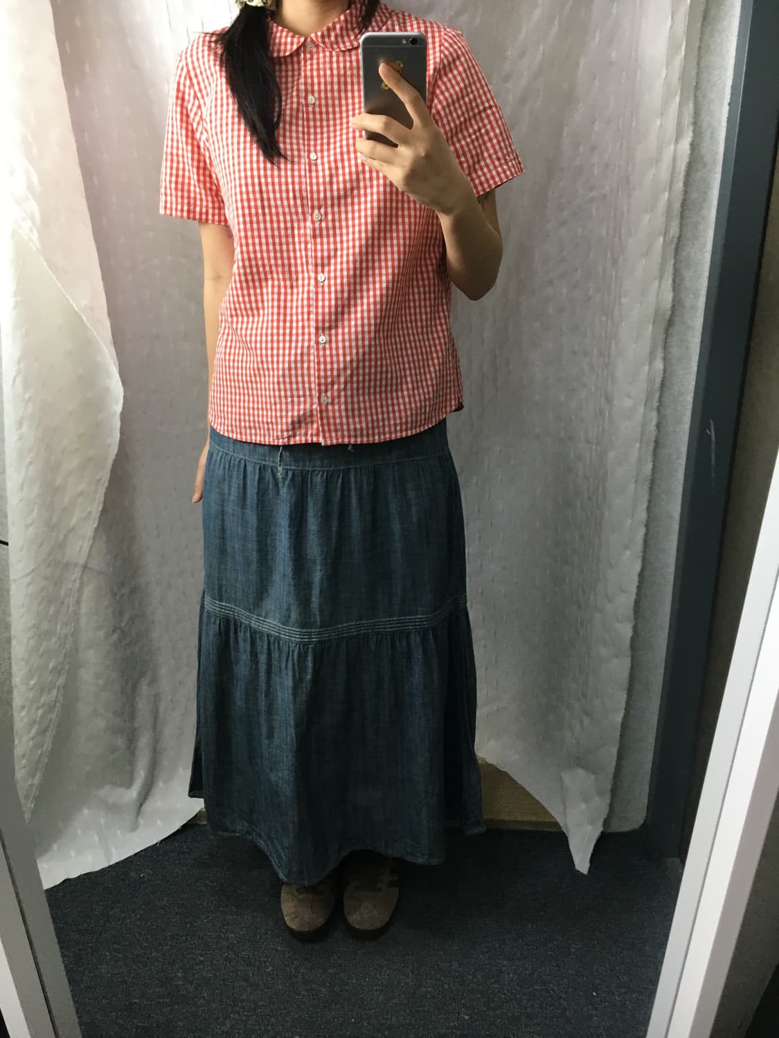 레드 체크 둥근 카라 블라우스 상품이미지3