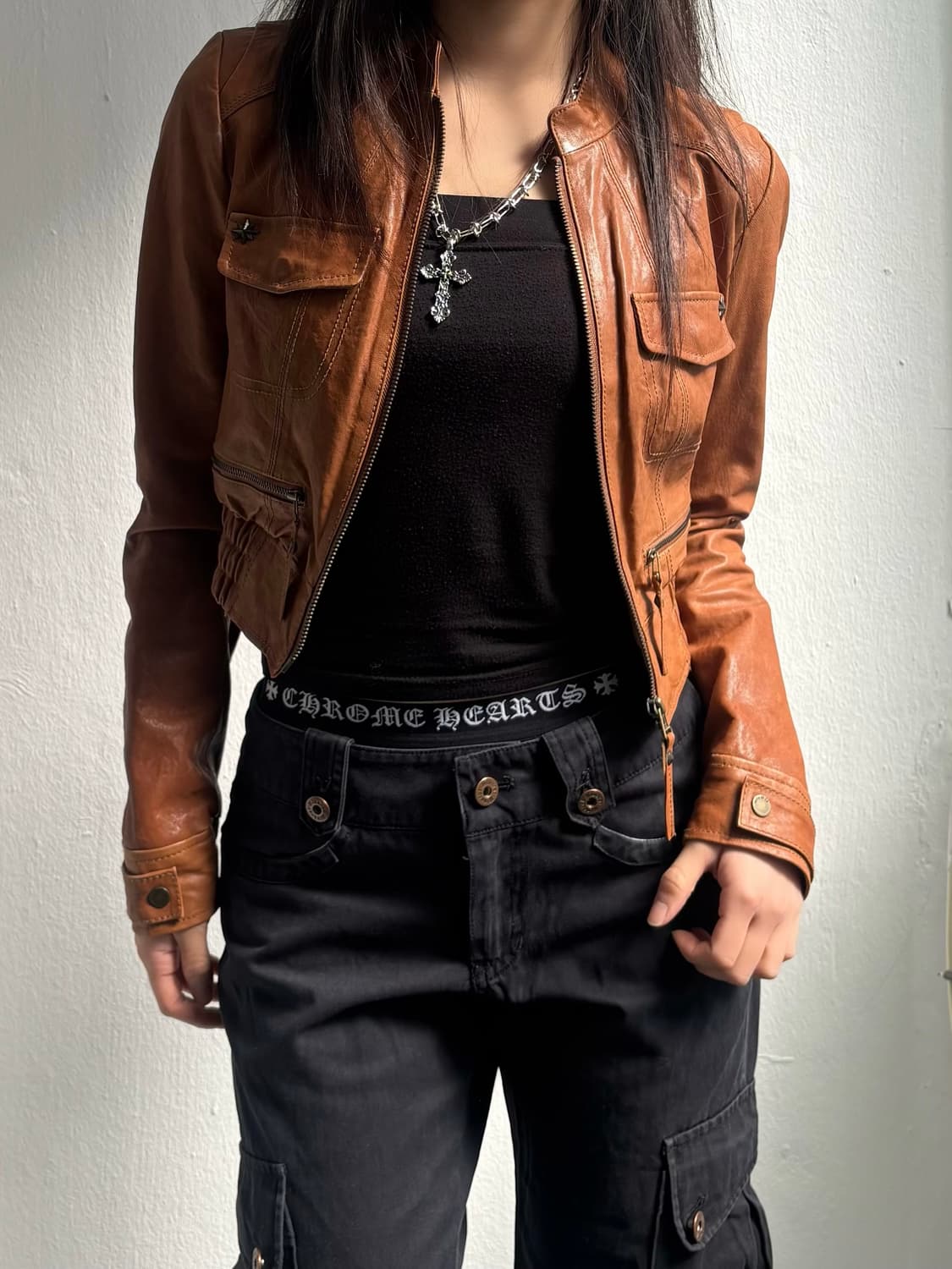 Vintage Brown Crop Leather Jacket 상품이미지5