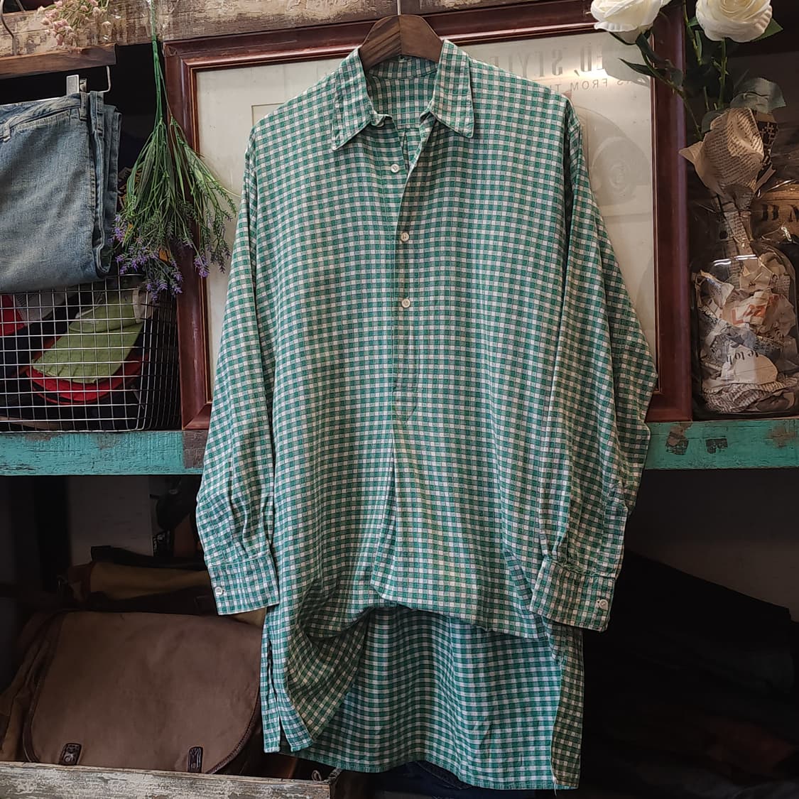 60s 프랑스 워크셔츠 가드너 빈티지 셔츠 그린 체크 롱 튜닉 셔츠 L 상품이미지3