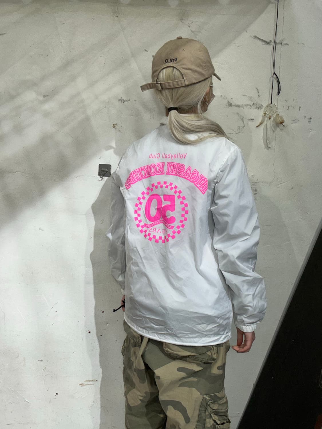 일본 빈티지 화이트 핑크 프린팅 바람막이 자켓 S 상품이미지3