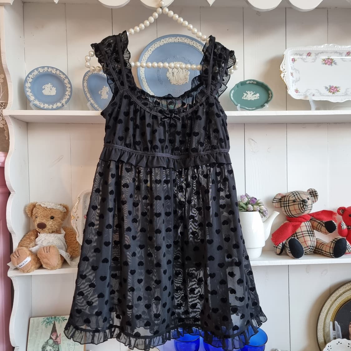 하트 벨벳 도트 시스루 원피스 (블랙) 상품이미지1