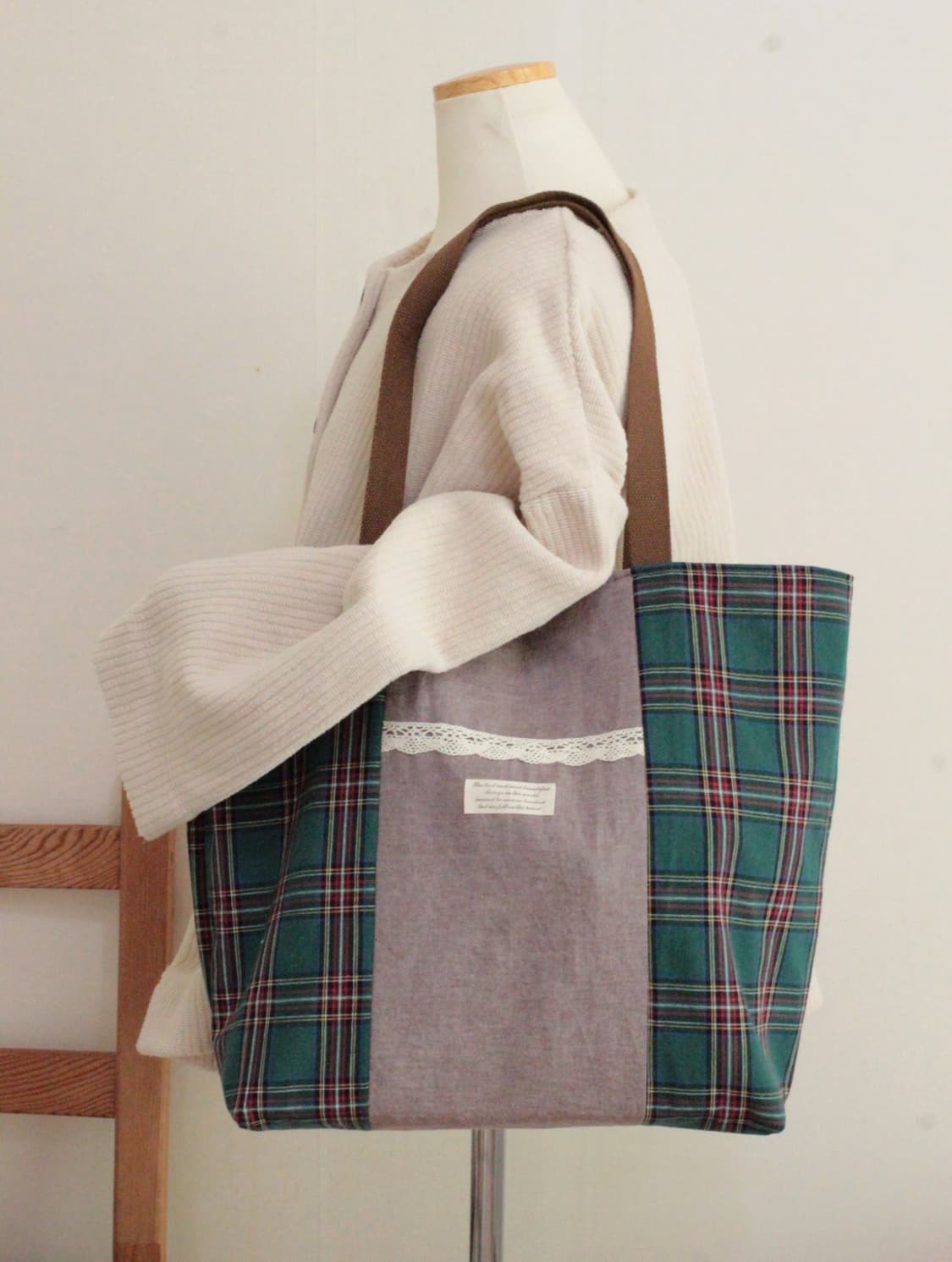 핸드메이드 체크 가방 빅백 상품이미지5