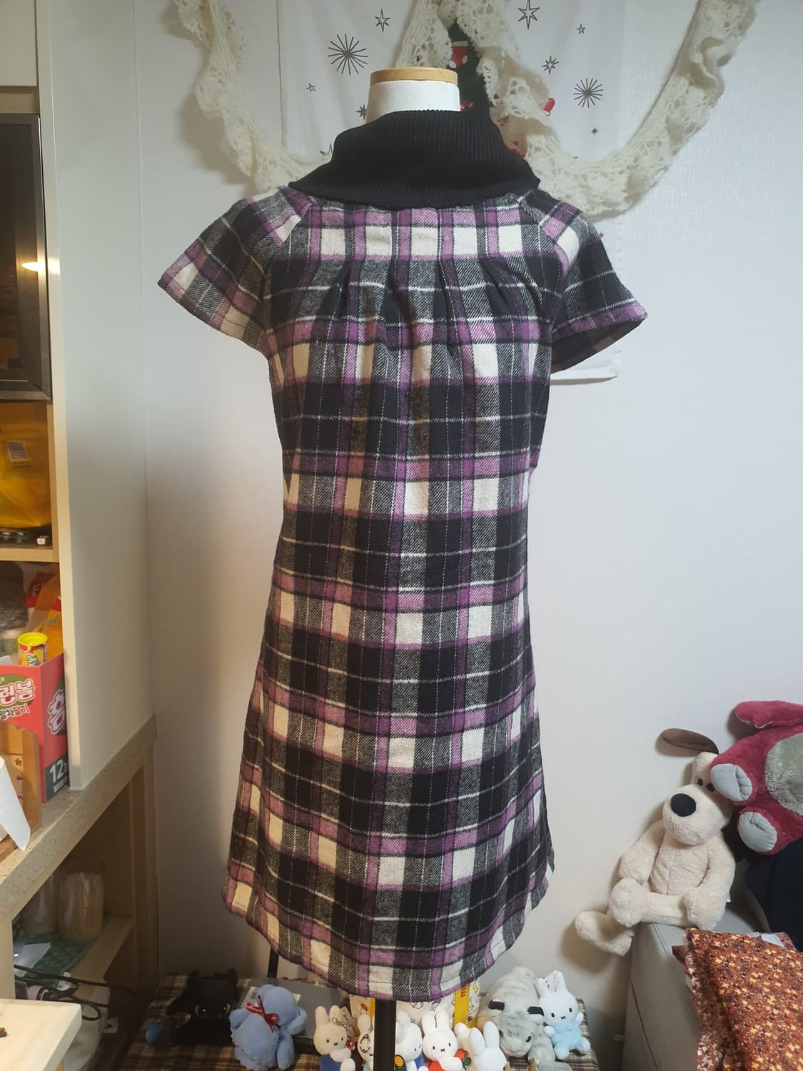 [모리걸] 모직 체크 패턴 반팔 원피스 상품이미지1