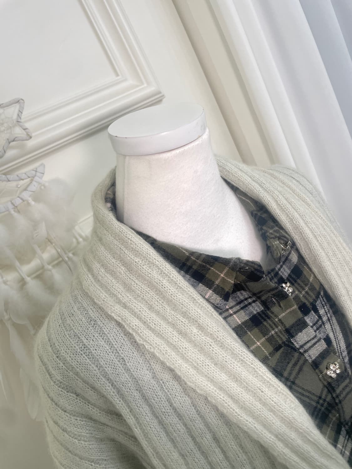 sheer green open rib cardigan&khaki chec 상품이미지8