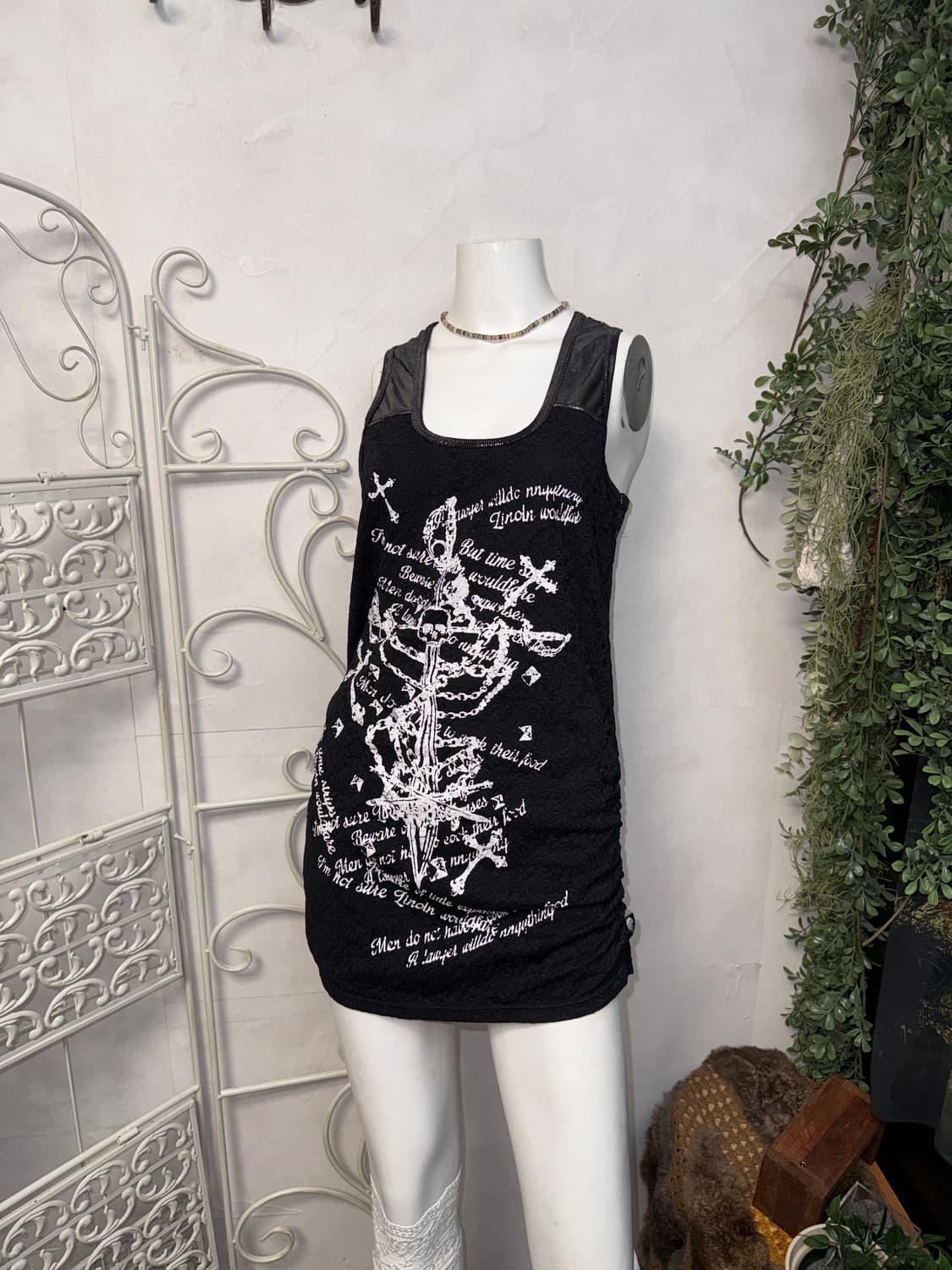 Black skull printing lace shirring ops 상품이미지5