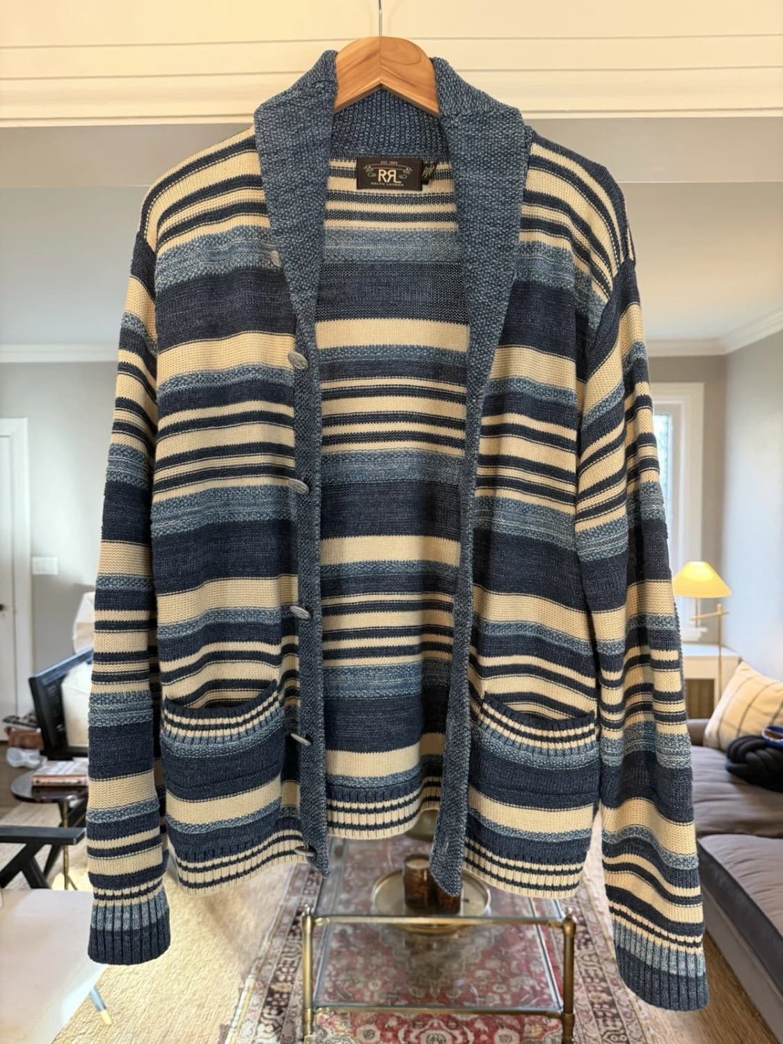 M 더블알엘 인디고 스트라이프 코튼 숄카라 가디건 상품이미지1