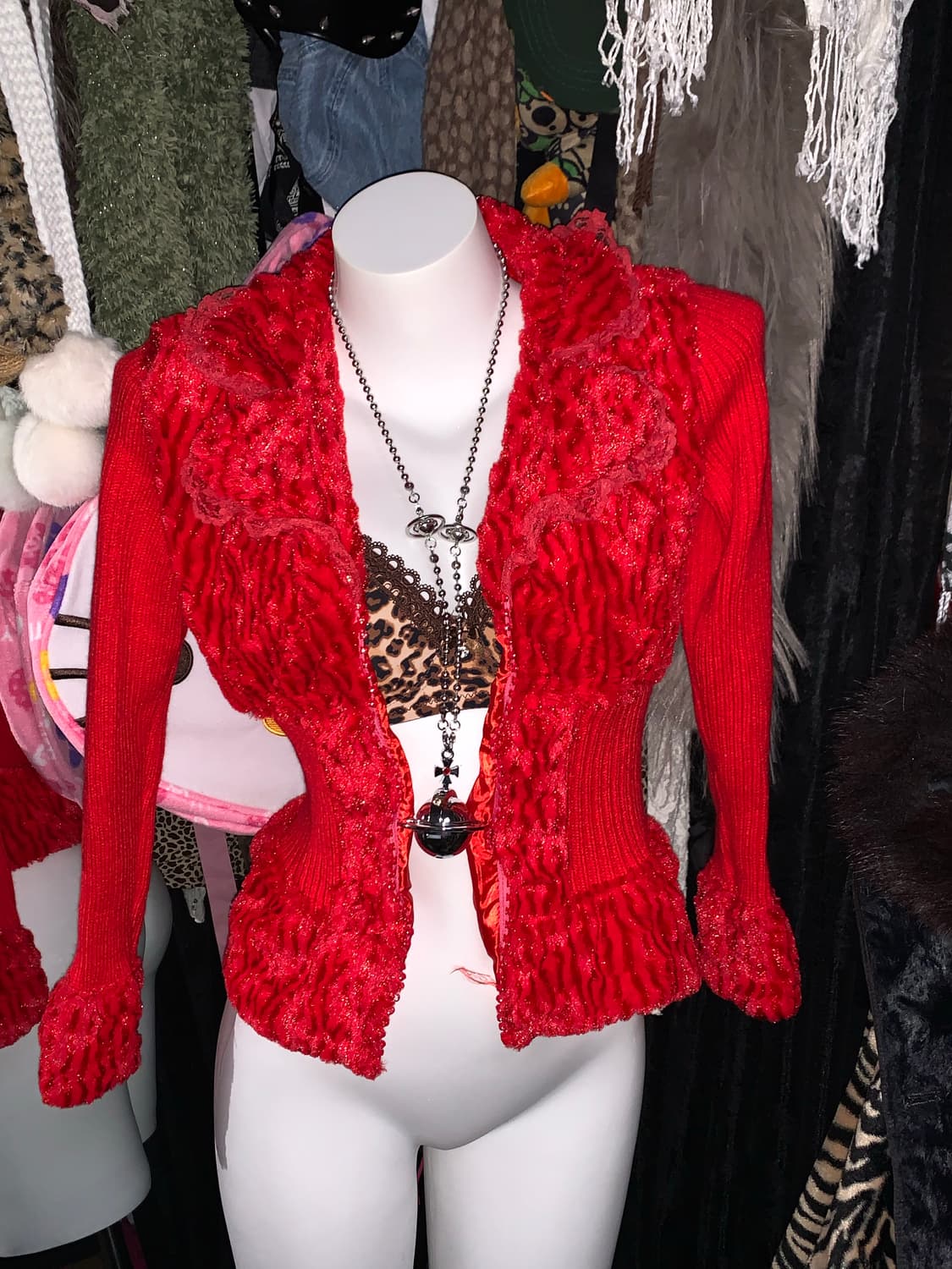 y2k 레드 레이스 니트 퍼자켓 상품이미지1