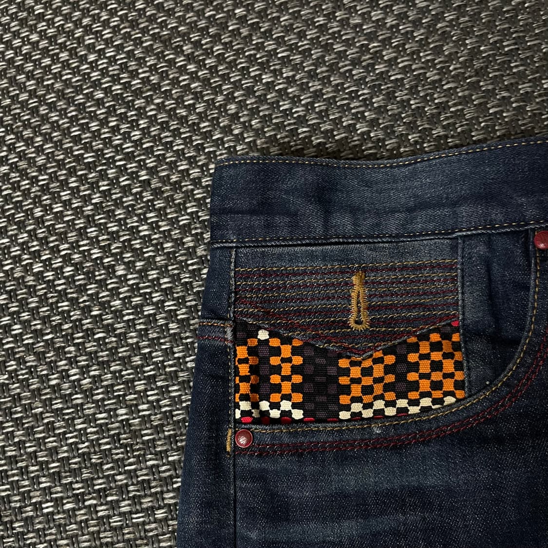 (36) 에비수 진청 레드 스티치 워싱 데님 팬츠 슬림 스트레이트 핏 상품이미지5