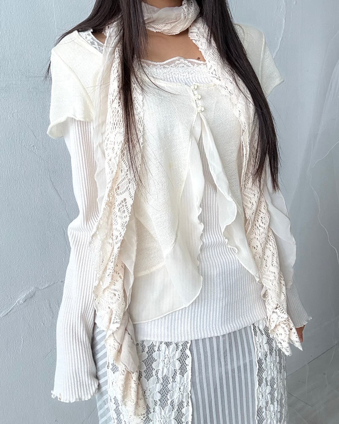 Light Beige Fairy Crochet Shirred Scarf 상품이미지3