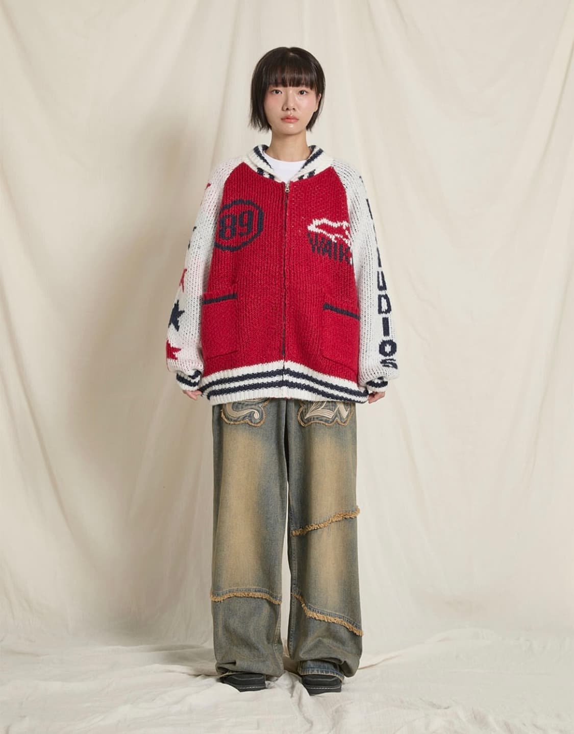 [새제품] 와이케이 waikei 돌핀 스타 로고 집업 헤비 가디건 레드 상품이미지4