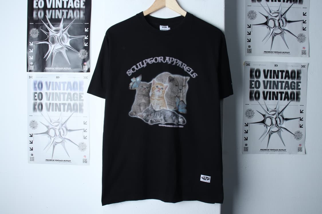 W(M-XL) 스컬프터 반팔 티셔츠 Y2K 고양이프린팅 블랙-H31190 상품이미지3
