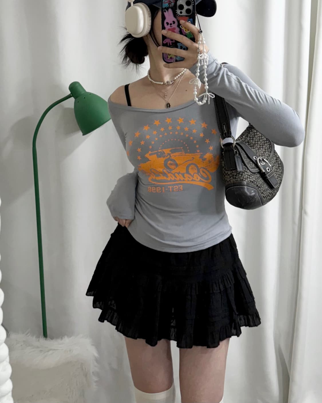 그레이 오렌지 레터링 슬림핏 롱 슬리브 티셔츠 상품이미지1