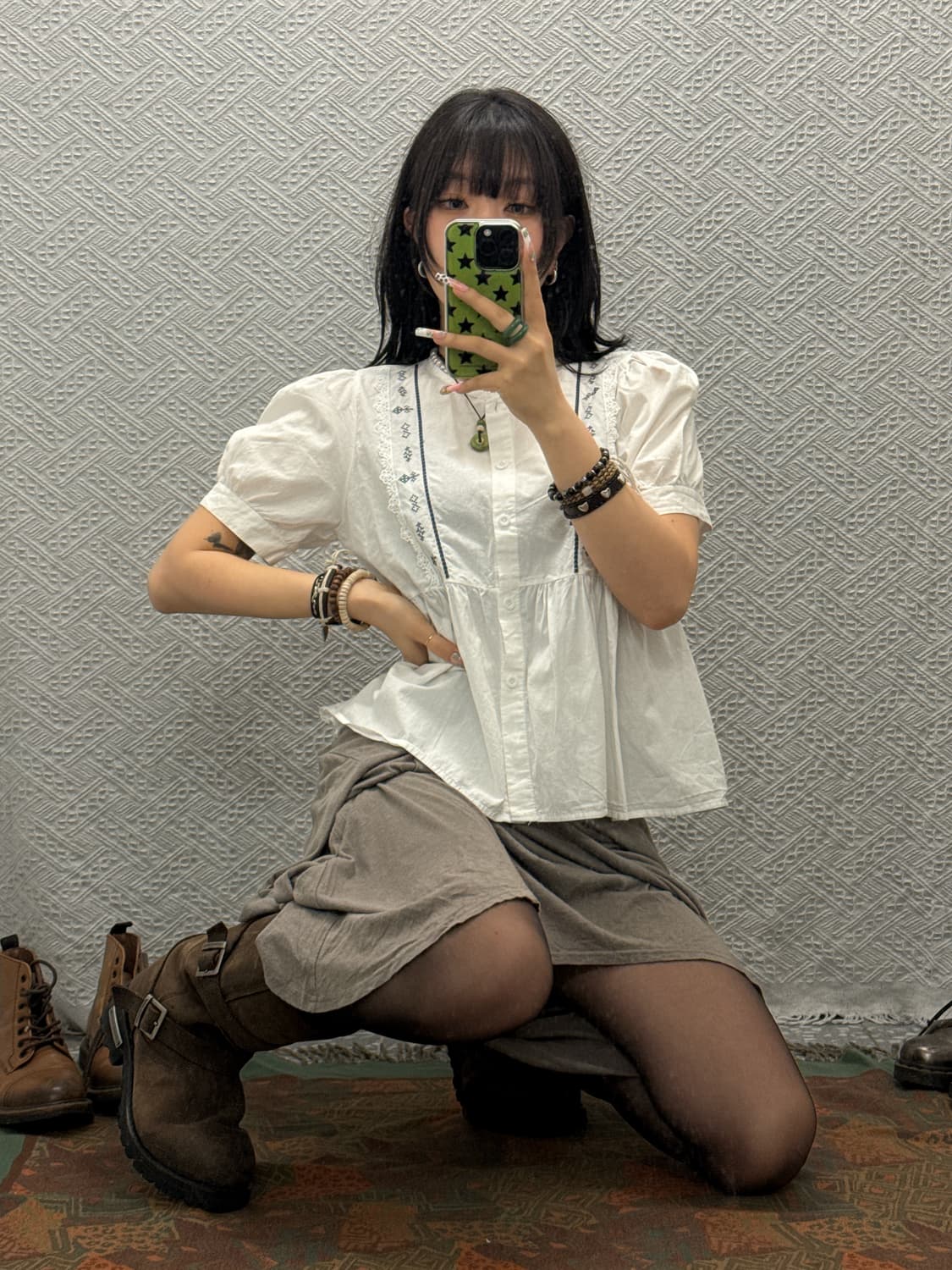 빈티지 러블리 모리 코지 에스닉 자수패턴 퍼프 블라우스 k0136 상품이미지2