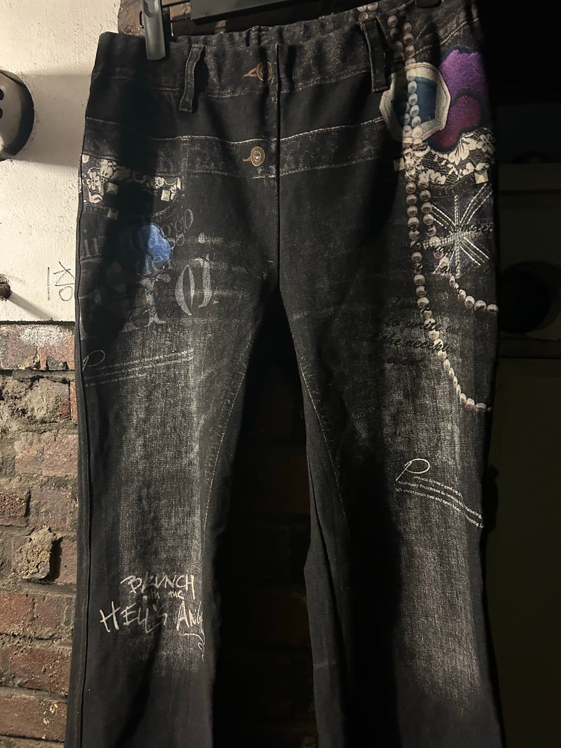 2000s JPN 고딕 트롱프뢰유 프린팅 블랙 팬츠 상품이미지2