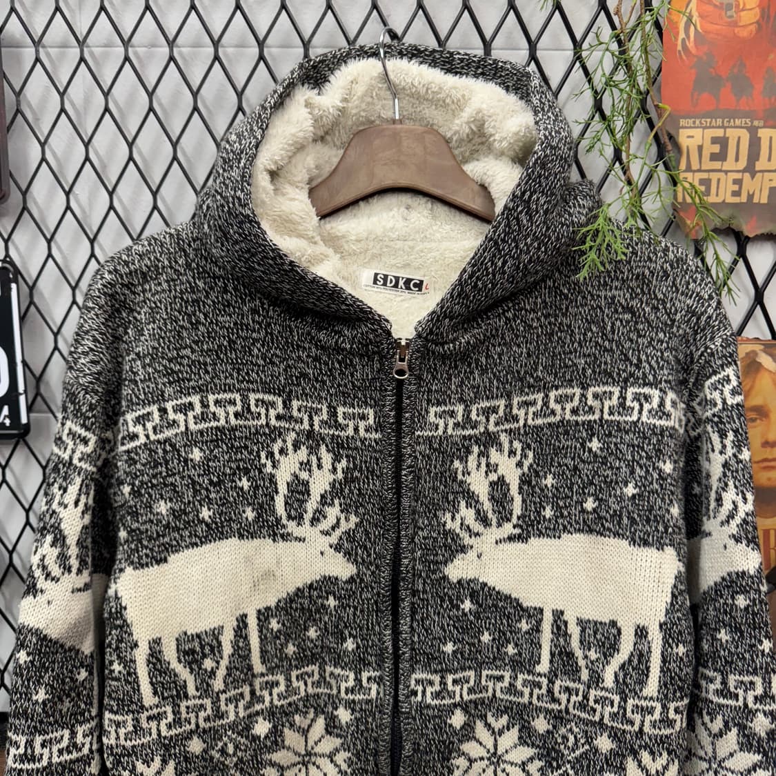 JPN VINTAGE 빈티지 사슴 코위찬 니트 후드 집업 자켓 그레이 상품이미지3