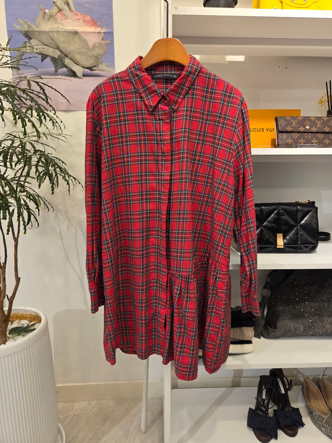 자라 체크 셔링 언발란스 셔츠겸 원피스 상품이미지3